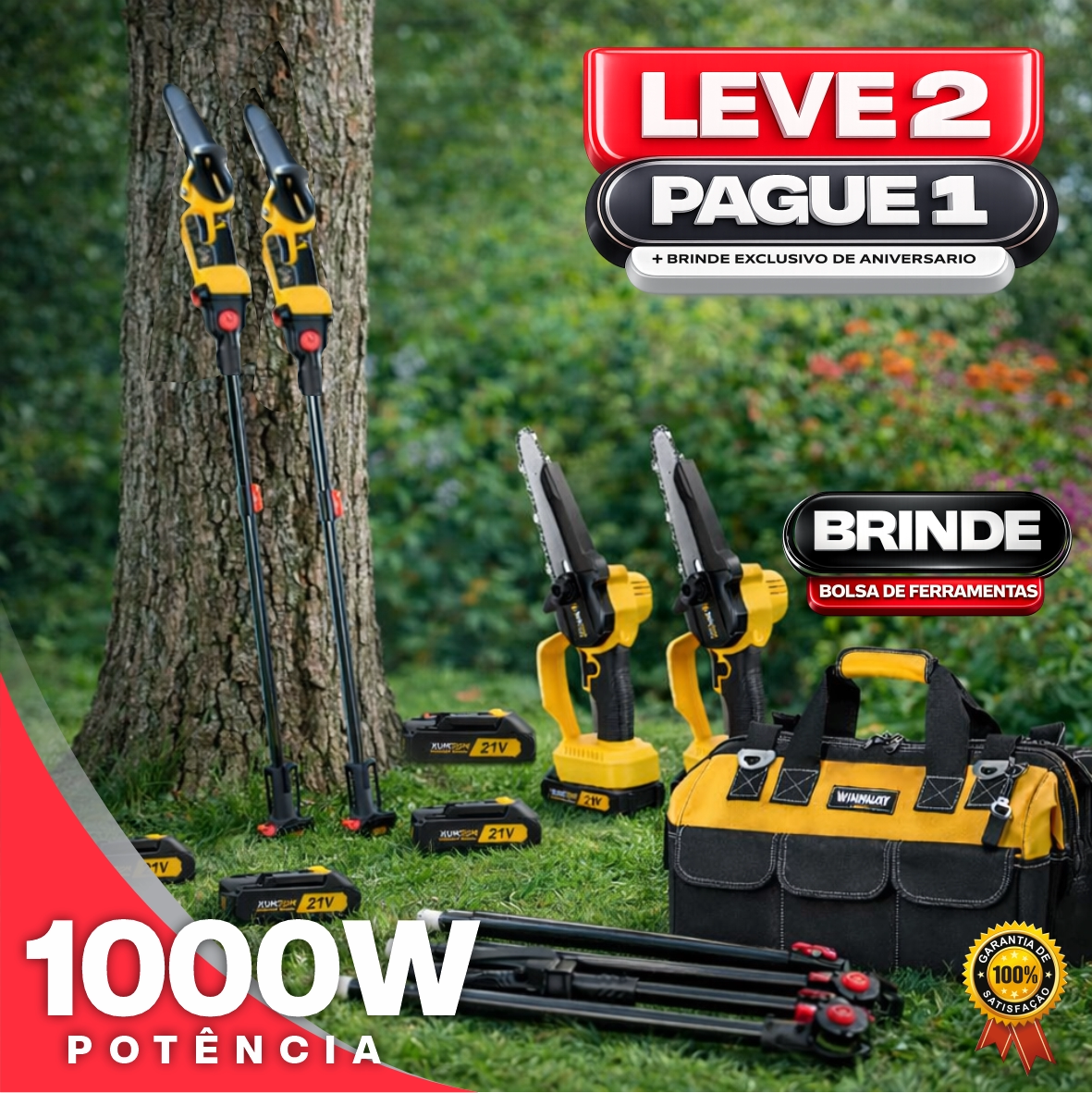 Motosserra Elétrica Portátil Com 4 Baterias 21v Bivolt + BRINDE: Bolsa de Ferramentas Multiuso - COMPRE 1 LEVE 2