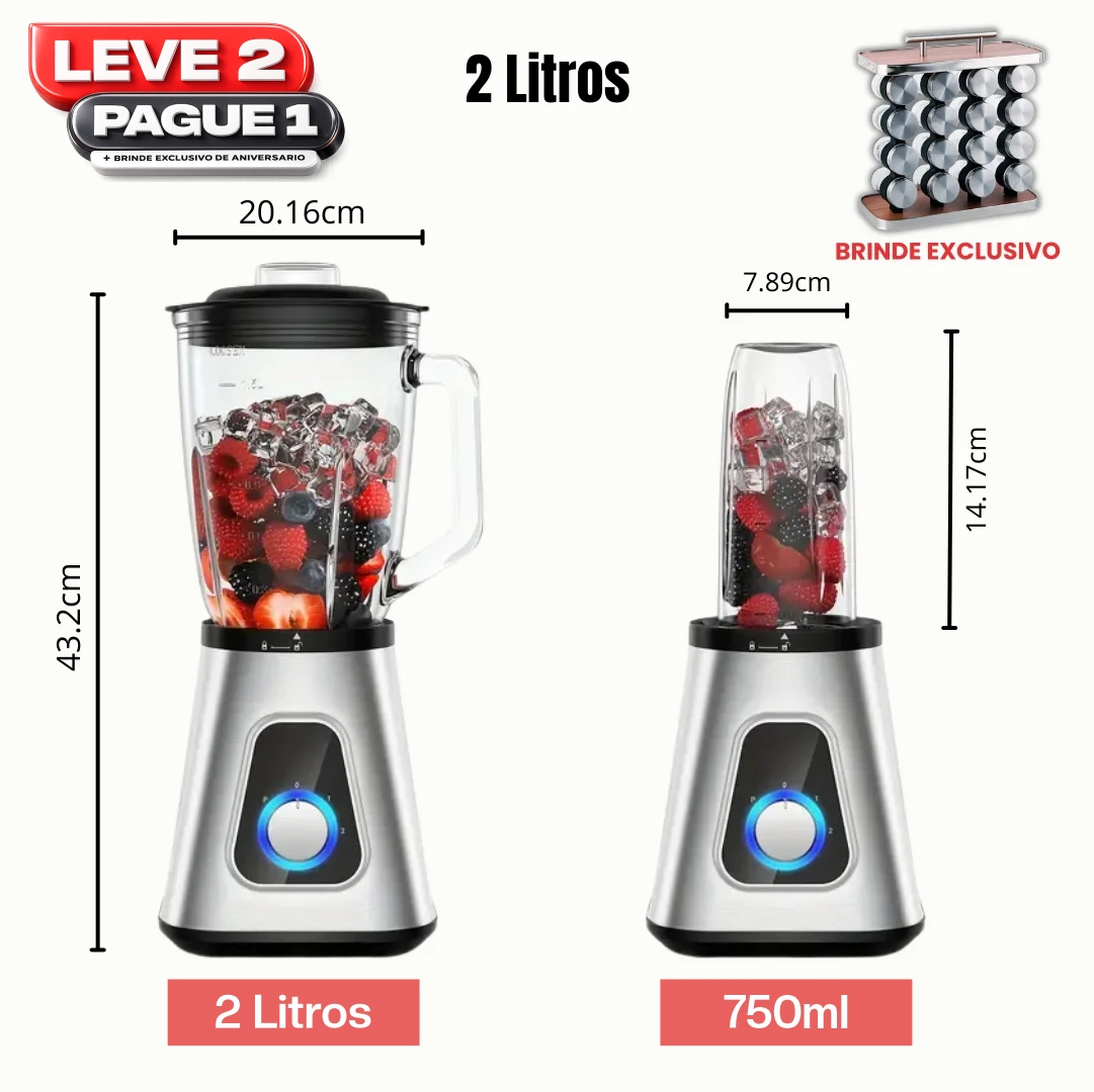 Liquidificador Multiuso Lumax Com 2 Jarras de Vidro + BRINDE: Porta Tempero Vertical 16 Potes - COMPRE 1 LEVE 2