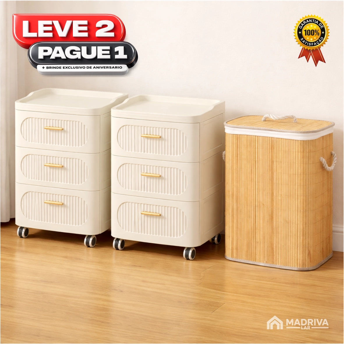 Gaveteiro Portátil Multifuncional c/ Rodinhas + BRINDE: Cesto De Roupa em Bambu - COMPRE 1 LEVE 2