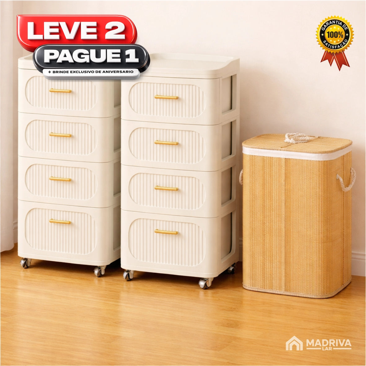 Gaveteiro Portátil Multifuncional c/ Rodinhas + BRINDE: Cesto De Roupa em Bambu - COMPRE 1 LEVE 2