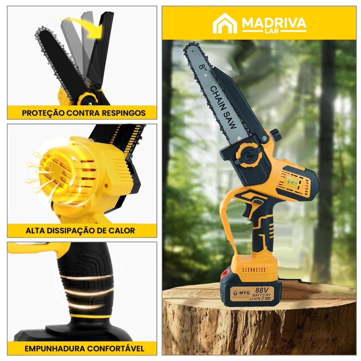 Motosserra Elétrica Portátil Com 4 Baterias 21v Bivolt + BRINDE: Bolsa de Ferramentas Multiuso - COMPRE 1 LEVE 2