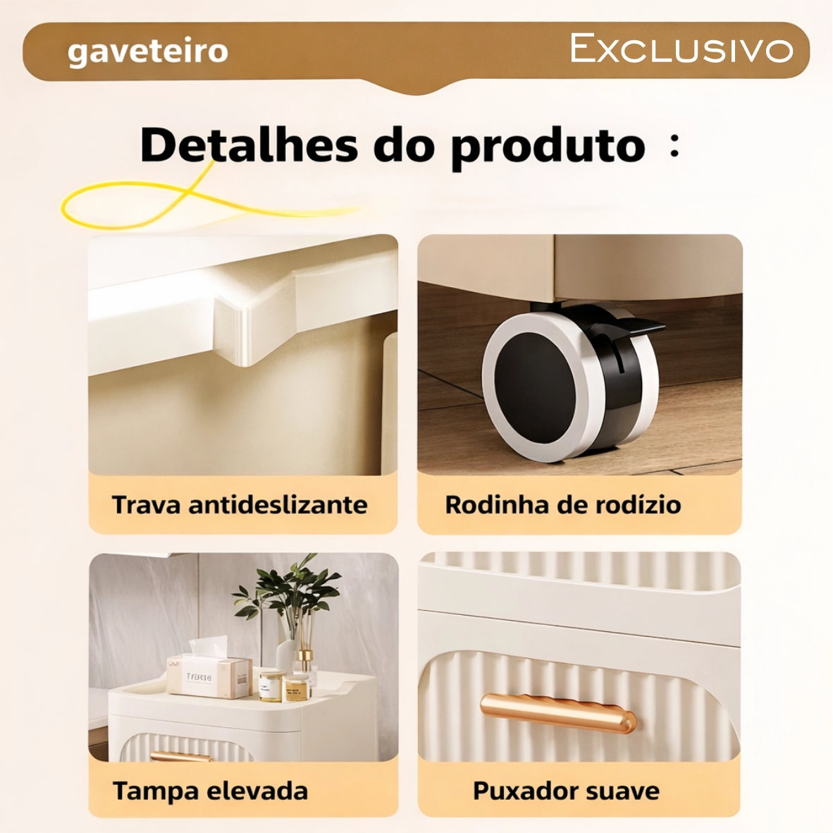 Gaveteiro Portátil Multifuncional c/ Rodinhas + BRINDE: Cesto De Roupa em Bambu - COMPRE 1 LEVE 2