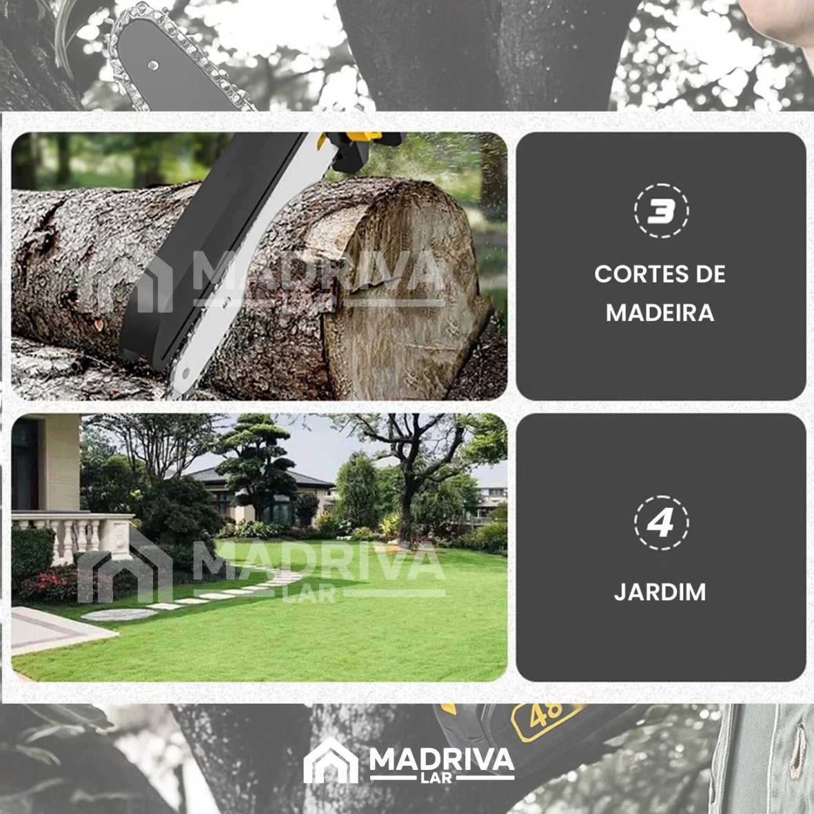 Motosserra Elétrica Portátil Com 4 Baterias 21v Bivolt + BRINDE: Bolsa de Ferramentas Multiuso - COMPRE 1 LEVE 2