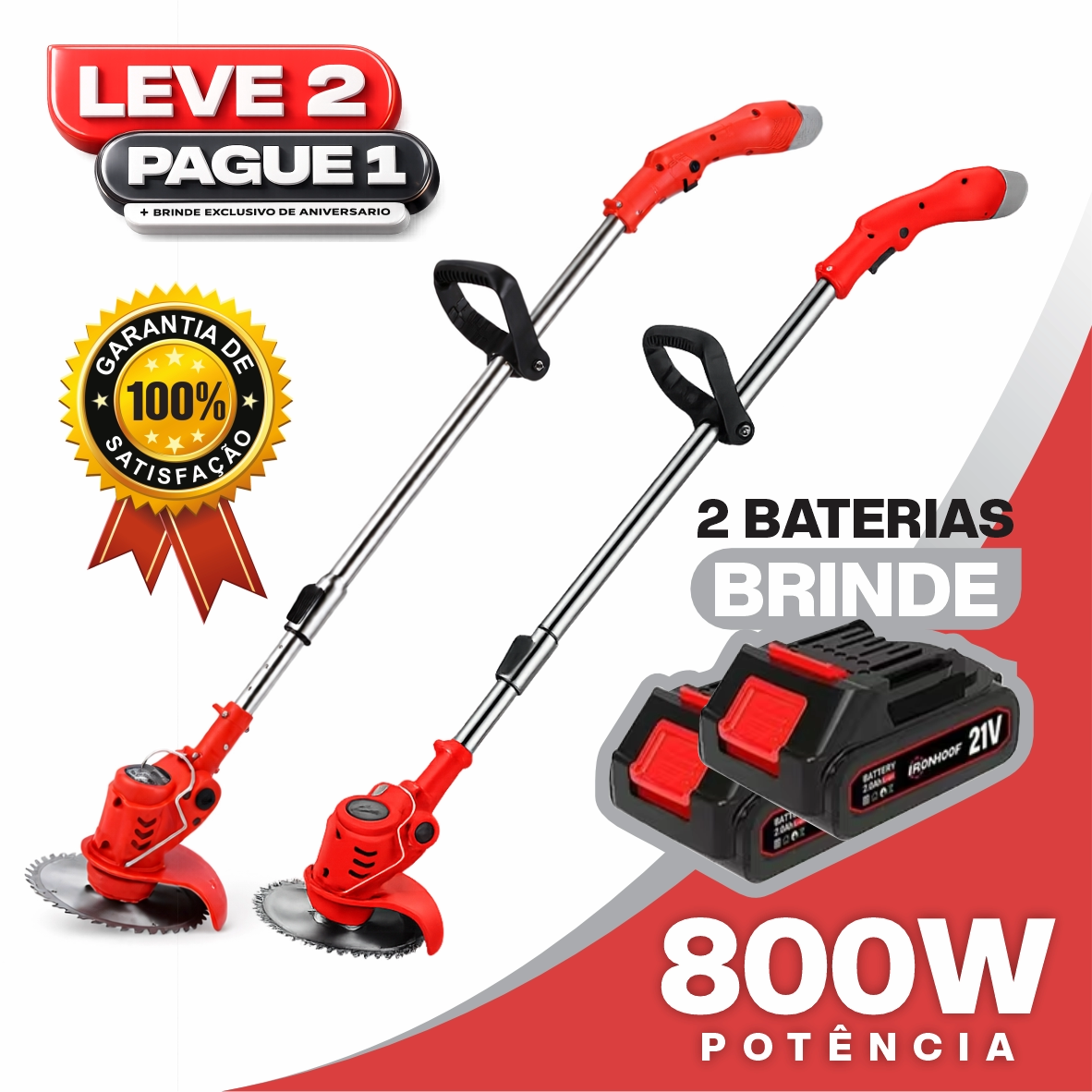 Roçadeira Elétrica TurboMax Multiuso 5 em 1 + BRINDE: 4 Baterias De Lítio 21 Volts - COMPRE 1 LEVE 2