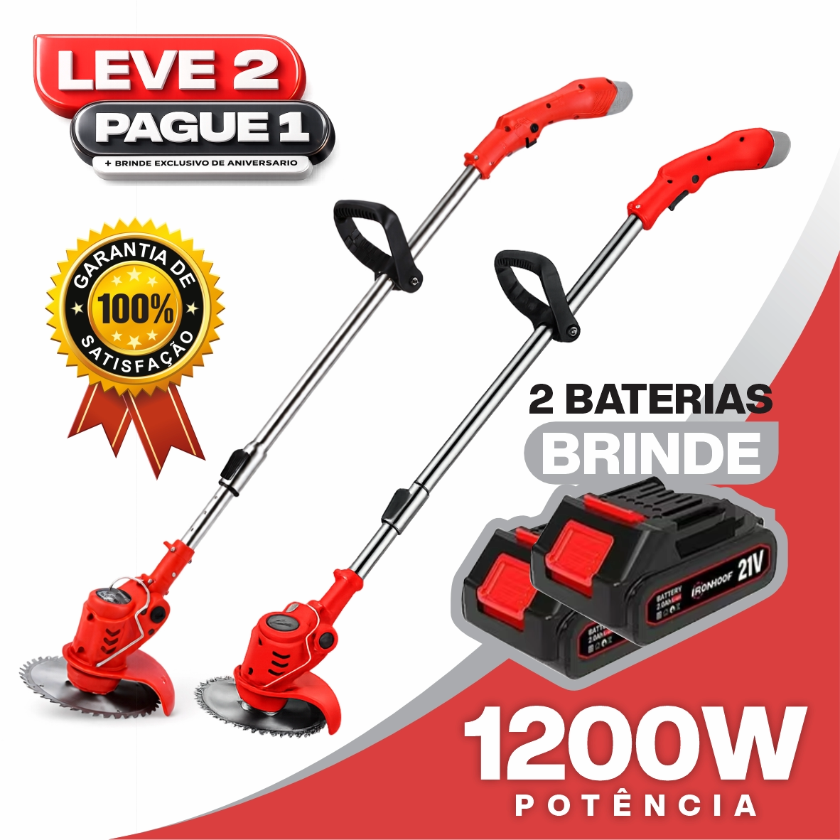 Roçadeira Elétrica TurboMax Multiuso 5 em 1 + BRINDE: 4 Baterias De Lítio 21 Volts - COMPRE 1 LEVE 2